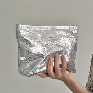 TEMU 1개 대용량 메탈릭 화장품 클러치백 - 지퍼 포켓, 폴리에스터 안감 & 휴대용 디자인 여성용 여행 메이크업 정리함 (그레이/핑크/샴페인), 반짝이는 마감|화장품정리함