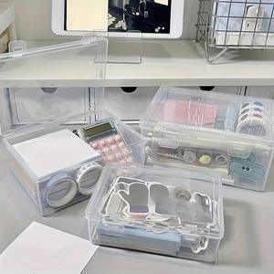 TEMU 3pcs 투명 플라스틱 보관 상자, 플립 리드, 대용량, 중용량, 소용량, 먼지 방지, 접이식, 사무용품, 필수품, 가정용 데스크톱 아이템, 투명 디자인, 쉽게 보이기, 안전한 닫기, 데스크 및 서랍 정리, 가정용 보관, 사무실 정리