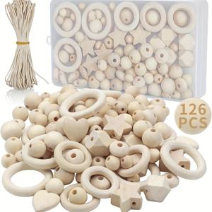 TEMU 패크라 우드 비즈 마크라미 세트, DIY 우드 링 크래프트용, 구멍이 있는 우드 볼 키트 110개 자연 우드 비즈, 15개 우드 링 마크라미 액세서리 패키지 126개