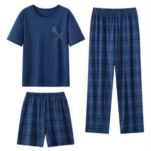 TEMU 3pcs 남성 여름 가벼운 파자마 세트 - 반팔 & 반바지 3pcs 세트, 캐주얼 체크 디자인과 포켓, 홈 & 라운지 웨어용 통기성 소재, 편안한 의류 | 체크 패턴 파자마 | 거울 같은 질감|여름잠옷