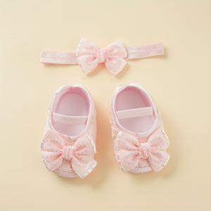 TEMU 2pcs 아기 헤드밴드 및 신발 세트 - 귀여운 리본과 라인스톤 장식된 신발, 야외 및 일상적인 착용을 위한 부드러운 통기성 있는 재질, 흰색 및 분홍색, 부활절, 데이, 추수감사절, 아기 소녀 의상, 장식적인 아기 액세서리, 편안한 아기 신발