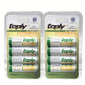 TEMU 4개/8개, Toply 고성능 충전식 AA 1.2V 배터리 - 6800mAh; 내구성 있는 Ni-MH 배터리, 리모컨·알람시계·손전등용