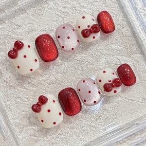 TEMU 10개 핸드메이드 레드 보우 도트 베이지 베이스 컬러 캣아이 웨어러블 네일, 짧은 스퀘어 귀여운 매일 사용 가능한 인조 손톱, 여성용