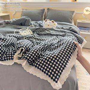 TEMU 3pcs 블랙 앤 화이트 플레드 레이스 침구 세트 1개 이불 커버 및 2개 베개 커버 (내부 없음)|베개커버|이불
