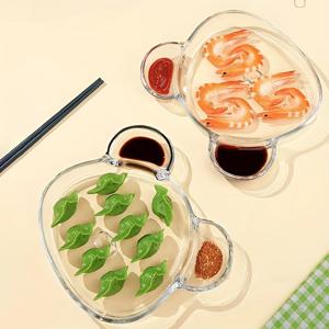 TEMU 2개 만화 유리 서빙 플래터와 소스 접시 - 가정 및 레스토랑 사용을 위한 다기능 스낵 & 만두 트레이, 쉬운 소스 및 프레젠테이션을 위한 투명 유리 디자인, 만두 서빙 트레이 | 만화 스타일 트레이 | 투명 유리 트레이