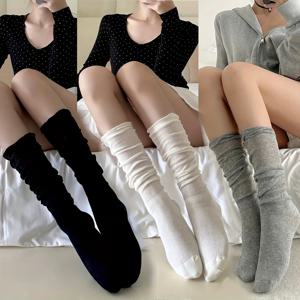 TEMU 3켤레 여성용 얇은 종아리 양말 - 통기성 발레 스타일 버블 토 디자인, 단색 원단, 루즈 미드-캐프 롱 양말, 일상 및 여름/겨울용, 손세탁 전용, 귀여운 양말, 다용도 종아리 착용, 스타일, 부드러운 질감