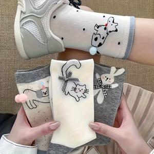 TEMU 4쌍 여성용 귀여운 만화 강아지 & 고양이 미드-캐프 양말 - 보이지 않는 패브릭, 리본 장식이 있는 가벼운 여름 양말, 부드럽고 통기성 좋은 캐주얼 착용용, 편안한 핏의 재미있는 디자인