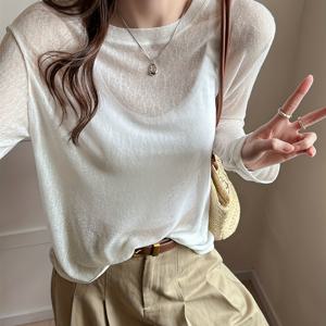 TEMU 봄-여름-가을 신상: 섹시한 시스루 긴팔 티셔츠, 라운드넥 루즈핏 배커버업 탑, 화이트 에어컨 셔츠
