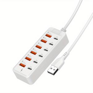 TEMU PD 66W USB 충전기 12포트 화이트 멀티펑셔널 도킹 , 6 Type-C & 6 USB 포트, 화염 저항 PC 소재, 업그레이드된 저온 기술, 노트북/태블릿/컴퓨터용 플러그 앤 플레이 데이터 전송, USB 허브, 랩탑 충전 , 모던 테크 액세서리, 내구성 있는 구조, 다중 기기 충전, 컴팩트 디자인, 고품질 제작, 원격 근무자용