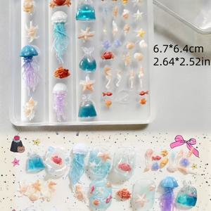 TEMU 1개 해양 생물 실리콘 몰드 - 해파리, , 바다표범, 조개 & 산호초 디자인 다색감 감성 팁 포함 네일아트, 클레이 & 레진 공예용 재사용 가능 비독성 DIY 몰드, 주얼리 제작, 샴푸볼 만들기