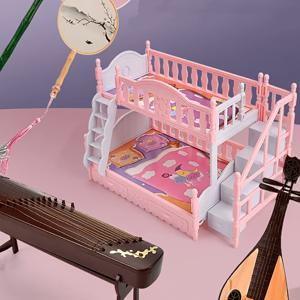TEMU 스타홀 2단 번크 베드 (16cm 인형용) - 유럽 스타일 장식 헤드보드 및 안전 난간 포함, 탈착식 매트리스, 핑크 & 화이트 플라스틱 인형집 가구, 놀이방 장식품, 우아한 침실 액세서리, 내구성 있는 플라스틱 소재