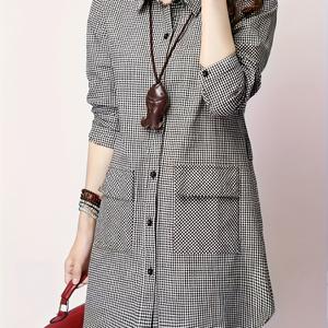 TEMU 여성용 캐주얼 롱 체크 셔츠 - 100% 폴리에스터, 라펠 칼라, 앞주머니가 있는 버튼업, 세탁기 사용 가능 - 스타일리시한 봄/가을 패션 탑, 캐주얼웨어 | 체크무늬 셔츠 | 스타일리시한 캐주얼웨어