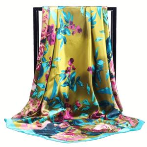 TEMU 1pc 밝은 꽃무늬 프린트 사각 스카프, 90x90cm - 경량 폴리에스터, 우아한 태양 방지 액세서리 남성 및 여성용, 야외 및 실내 사용에 적합, 따뜻함 및 스타일, 야외 액세서리 | 밝은 스카프 | 장식 스카프