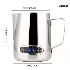 TEMU 스테인리스 스틸 밀크 프로싱 피처 세트, 온도계 내장, 600ml 용량 - 라떼 아트 스티밍 저그, 커피 프로서 컵, 측정 표시 포함