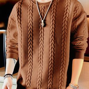 TEMU 남성용 스타일리시한 케이블 니트 풀오버 - 긴 소매, 캐주얼, 가을 & 겨울 스웨터, 폴리에스터 블렌드, 라운드 넥, 레귤러 핏, 니트 원단, 캐주얼 웨어|케이블 니트 패턴|스트레치 원단