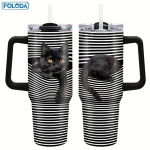 TEMU 포로다 블랙 캣 스테인리스 스틸 텀블러 40oz - 애니멀 프린트, 뚜껑, 빨대, 손잡이가 있는 재사용 가능한 여행 머그잔 - 커피 및 음료를 위한 누출 방지 오벌 컵 - 크리스마스, 추수감사절, 데이 및 어머니의 날 선물 - 고양이 애호가를 위한 선물