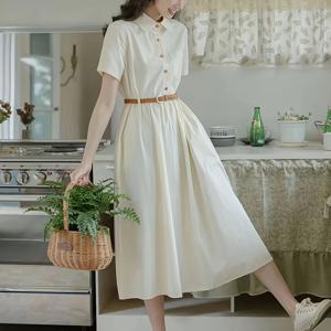 TEMU 여성용 프레피 스타일 미디 셔츠 드레스 벨트 포함 - 연한 베이지, 반팔, 폴리에스터, 세탁기 사용 가능, 봄/여름/가을에 적합, 캐주얼 여름 드레스 | 벨트 허리 드레스 | 광택 있는 폴리에스터 원단