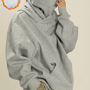 TEMU 남성용 플리스 안감 후드 스웨트셔츠 - 포켓이 있는 하이넥 풀오버, 루즈핏 캐주얼 겨울용 따뜻한 옷, 세탁기 사용 가능한 그레이 올시즌 탑, 일상 및 레저웨어 스웨터 후디