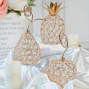 TEMU 3pcs 우아한 크리스탈과 금속 파인애플 테이블 센터피스 세트, 손수 제작된 황금 촛대 홀더, 반짝이는 공백 디자인, 무전하 철 재료, 가정, 파티, 결혼식, 휴일 장식용