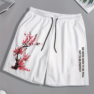 TEMU 남성용 체리 블로섬 캐주얼 운동화 반바지 - 남색, 빨간 나무 가지 디자인, 