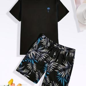 TEMU 남성용 캐주얼 반팔 티셔츠 & 반바지 세트 - 팔mtree 디자인, 열대 프린트 반바지, 편안한 핏, 올 시즌 편안함, 캐주얼 착용|열대 프린트 반바지|크루넥 상의, 반바지