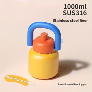 TEMU 1000ml 대용량 보온 보냉 물병, 뿌리 및 어깨끈 - 316 스테인레스 스틸, BPA 프리, 미끄럼 방지 베이스, 뜨거운 및 차가운 음료를 위한 휴대용 여행 머그, 캠핑, 하이킹 및 야외 모험에 완벽한 물병 액세서리|트래블보틀