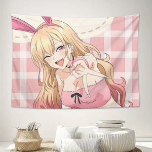 TEMU ZLIENSZUS 마린 키타가와 애니메이션 벽걸이 태피스트리 - 대형 생생한 핑크 격자 무늬 디자인, 100% 폴리에스터 경량 원단, 카페/스튜디오/라운지/침실 장식용 전기 불필요 - 애니메이션 팬을 위한 완벽한 선물
