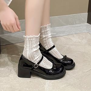 TEMU 여성용 프랑스 빈티지 메리 제인 신발 - 라운드 토 인조 커버, 블랙 여름 플랫, 고무 밑창, 편안한 면 안감, 세련된 기능성 디자인, 캐주얼 신발 | 우아한 메리 제인 스타일 | 내구성 있는 고무 밑창