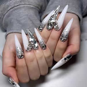 TEMU 24pcs 럭셔리 라인스톤 장식 아크릴 긴 네일 - 화이트 알몬드 모양 인공 패스팅 네일, 글리터 액센트, 우아한 매니큐어 디자인, 매니큐어 액세서리, 글리터 네일 팁, 스테로브 핏 네일