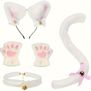 TEMU 5개 세트 귀여운 고양이 코스튬 (헤어밴드, 장갑, 칼라 & 꼬리 포함) - 블랙 & 화이트 폴리에스터 동물 테마 의상, 할로윈, 생일, 테마 파티용 - 전원 불필요, 고양이 애호가 및 코스튬 파티에 완벽, 재미있는 디자인, 내구성 있는 코스튬 부품, 사진 촬영 액세서리, 축제 복장, 캐릭터 코스튬, 페스티벌 쇼핑어, 코스튬 애호가를 위한