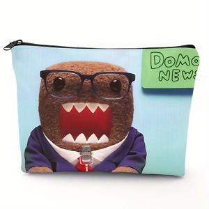 TEMU Domo Kun Chic 메이크업 가방 - 안경과 마이크가 있는 귀여운 만화 캐릭터 디자인, 드레스 테이블용 라이트 블루 폴리에스터 화장대 정리함, 여행에 적합한 화장품 보관함, 메이크업 여행 가방, 재미있는 디자인, 내구성 있는 지퍼 잠금