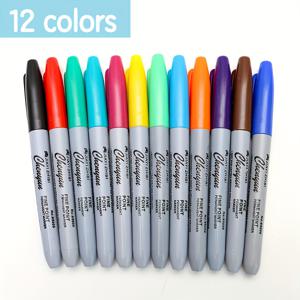 TEMU 12개 세트 영구 마커 - 미세한 팁 (0.5-1mm), 빠른 건조 오일 기반 잉크, 12가지 생생한 색상 (빨강, 초록, 파랑, 노랑, 보라, 주황, 분홍, 갈색, 진회색/파랑 포함) - 교실, 사무실, 공예, 라벨링용, 선생님 및 아티스트를 위한 이상적인 필기 도구, 가정 및 상업용, 매끄러운 글씨, 지속력 좋은 마킹 펜