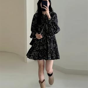 TEMU 여성용 블랙 플로랄 프린트 긴팔 미니 드레스 - 캐주얼 A라인 벨트가 있는 짧은 길이, 라운드 넥, 봄/여름/가을용 | 플로럴 프린트 드레스 | 벨티드 허리 드레스