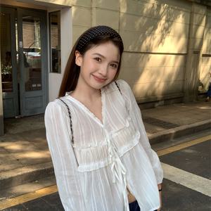 TEMU 달콤한 초가을 긴팔 슬라이트 쉬어 패치워크 화이트 돌 셔츠 탑