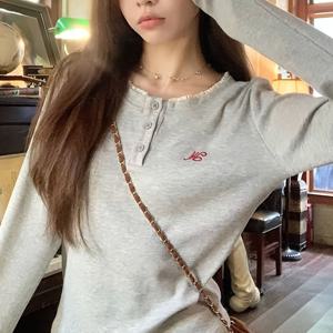 TEMU 빈티지 레이스 자수 긴팔 여성용 T셔츠, 달콤한 일본&한국풍에 어울리는 봄·여름·가을룩