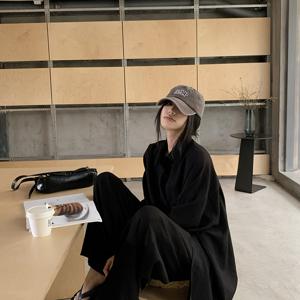 TEMU 여성용 캐주얼 루즈핏 와이드 레그 팬츠슈트 - 블랙 솔리드 컬러, 끈 조절 허리, 긴 소매, 봄/가을 패션, 편안하고 스타일리시한 캐주얼 의상, 캐주얼 의상|루즈핏|끈 조절 허리띠, 팬츠슈트, 야외, 해변, 여가 활동에 완벽, 해변 의상|루즈핏 팬츠슈트|끈 조절 허리띠, 해변 의상