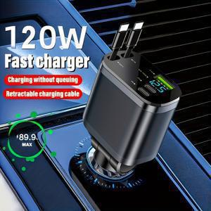 TEMU USB A & Type-C PD 고속 충전 기능이 있는 150W 차량용 충전기, 듀얼 C 타입 스트레치 케이블, 아이폰 16/15 프로 맥스, 샤오미, 원플러스용 매트 블랙 ABS 디자인 - 최대 36V 전압, 배터리 불필요, 차량용 충전 솔루션|세련된 충전기 디자인|내구성 있는 충전 케이블, 차량용 충전 어댑터