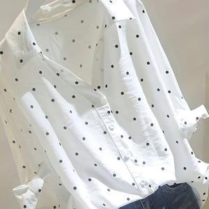 TEMU 여성용 우아한 블랙 & 화이트 도트 블라우스 - 가벼운 소재, 세탁기 사용 가능, 캐주얼 및 정장용, 봄/여름/가을, 비신축성 원단, 퍼프 소매 버튼업 셔츠, 여성용 블라우스
