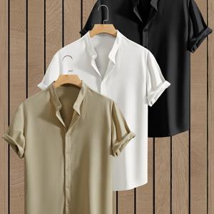 TEMU 3pcs 남성용 /민트 그린/핑크 여름 반팔 셔츠 - 통기성 스탠드 칼라 버튼업 비치 캐주얼 드레스 셔츠, 휴가, 리조트 및 일상복용 가벼운 불투명 블라우스 (노-숏 칼라)