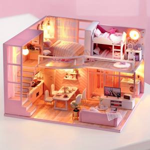TEMU 수제 DIY 로프트 코티지 목재 조립 하우스 빌딩 장면 모델, 가구가 있는 미니어처 핑크 방 홈 데코 디스플레이용, 정교한 생일 선물/휴일 선물 (접착제/배터리 미포함)