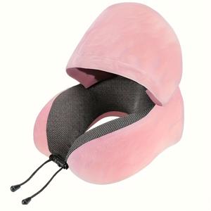 TEMU 1pc 에르고노믹 U-형 여행 목 베개 후드 포함 - 블랙, 빠른 회복 파이버 커버 및 폴리우레탄 라이닝, 비행기, 자동차 및 낮잠에 이상적, 안전한 헤드 스트랩이 있는 휴대가 편리한 디자인, 휴대용 목 지원 | 세련된 헤드 레스트 | 폴리우레탄 라이닝, 여행 베개
