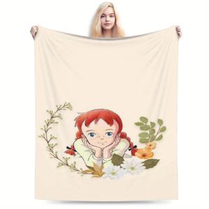 TEMU 앤 영감 애니메이션 캐릭터 플란넬 담요 - 부드러운 100% 폴리에스터, 가벼운 250-300gsm, 매력적인 꽃과 나뭇잎 디자인 소파, 침대, 캠핑용 - 사계절 코지 스로우, 생일 할로윈 크리스마스 선물, 홈 데코