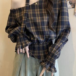 TEMU 여성용 오프숄더 복부 컨트롤 블라우스 - 아сим메트리한 체크무늬 긴팔 상의, 루즈핏 허리 조여, 캐주얼 봄 여름 가을 착용, 캐주얼 및 정장 의상에 적합, 복부 컨트롤 블라우스