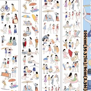 TEMU 100cm (39.37인치) 긴 장면 해변 및 일상 생활 스티커 테이프 - 생동감 있는 사람, 동물, 활동 일러스트레이션 - PET 소재 - DIY 물병, 스크랩북, 사진 프레임에 완벽함, 스크랩북 스티커|생동감 있는 일러스트레이션|PET 스티커 테이프