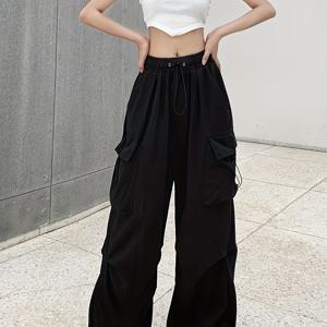 TEMU 2025 아메리칸 레트로 카고 캐주얼 팬츠, 여성용 다재다능한 스트레이트핏 테이퍼드 롱와이드 루즈핏 하이 스트리트 워크웨어 + 사이드백|냉장고바지|바지