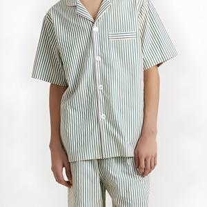 TEMU 남성용 여름 세트, 캐주얼 얇은 줄무늬 반팔 칼라 티셔츠와 바지, 남성용 캐주얼 의상, 야외, 집, 파티에 완벽, 파티 복장|줄무늬 패턴|중간 신축성 원단