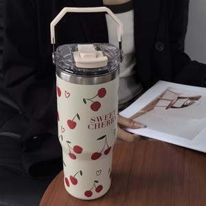 TEMU 체리 러브 하트 33.44oz 보온 텀블러, 빨대 & 손잡이 포함 - 스테인리스 스틸, 재사용 가능, 여행, 체육관, 야외 활동에 완벽 - 이중 마시는 입, 이상적인 휴일 선물|텀블러