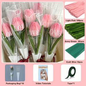 TEMU 10pcs 꽃 파이프 클리너 보케트 세트 - 튤립과 장미 보케트 완전한 DIY 공예 키트, 우아한 포장 및 리본, 봄 가정 장식에 적합합니다.