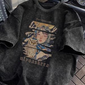 TEMU 세탁된 빈티지 블랙 반팔 티셔츠, 여름을 위한 레트로 클래식 필수품입니다.
