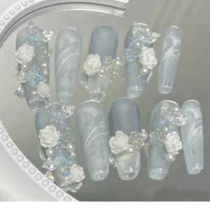 TEMU 10pcs 우아한 블루 매트 프레스온 네일 3D 꽃과 진주 - 긴 coffins/ballerina 모양, 결혼식, 파티 및 특별한 기회에 완벽, DIY 네일 아트 | 우아한 네일 디자인 | 매트 핏, 네일